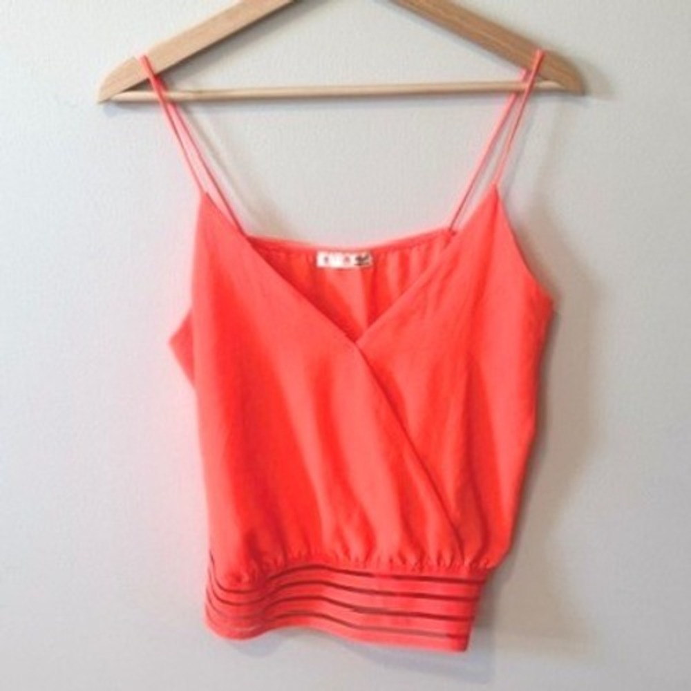 A'GACI Cami Wrap Top Womens Medium Neon Coral Excellent Mesh Banded Crop Tank